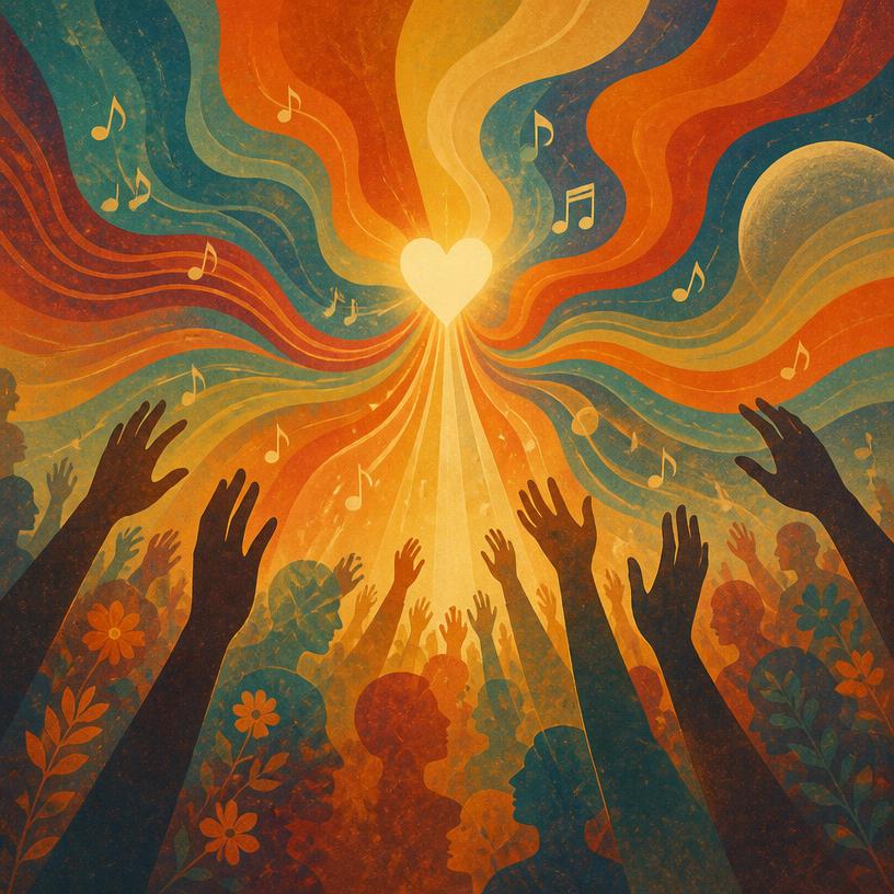 Abstract art of hands reaching toward a glowing heart of music